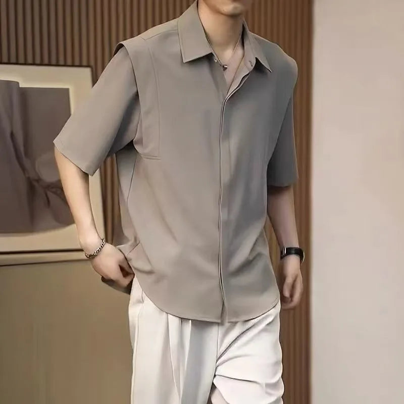 Men Minimalist Solid Color Short Sleeve Shirt Turn Down Collar Curved Hem Loose Fit Casual Office Daily Wear Top