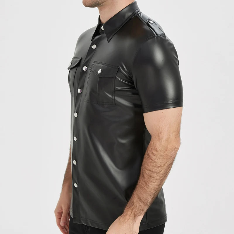 Men's PU leather shirts elastic short sleeve superior quality