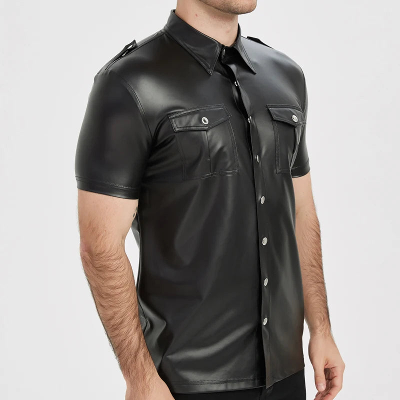 Men's PU leather shirts elastic short sleeve superior quality